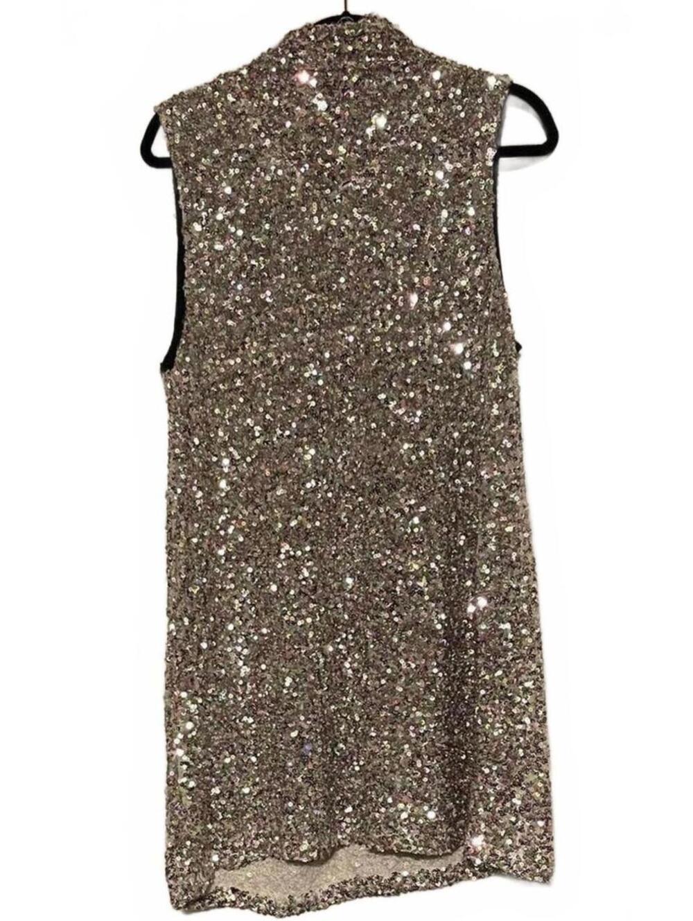 Nasty Gal Silver Sequin Sleeveless Party Dress with High Neck and Pearl Closure